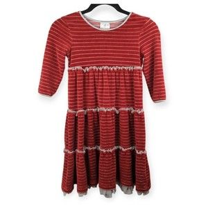 Hanna Andersson Red Velvet Christmas Holiday Dress Silver Stripes Ruffles 130 8